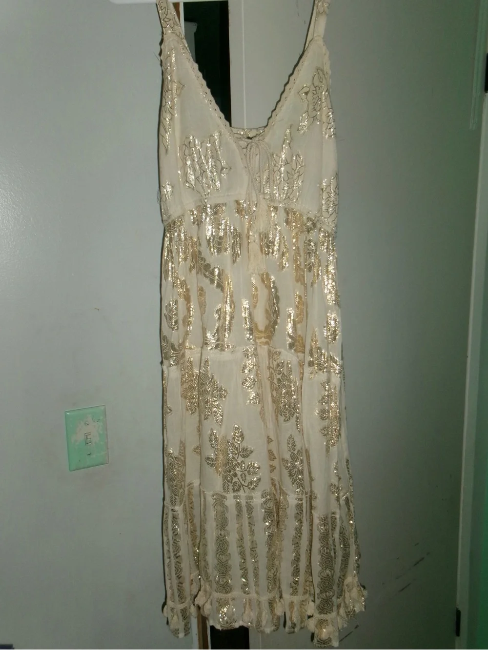 Gold-Embellished Cream Maxi Dress with Delicate Straps